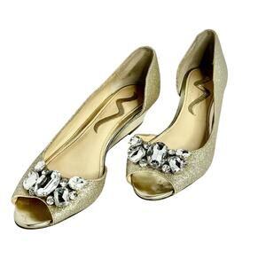 Nina Gold Glitter Crystal Embellished Peep Toe d'Orsay Wedge‎ Heels Womens 7M